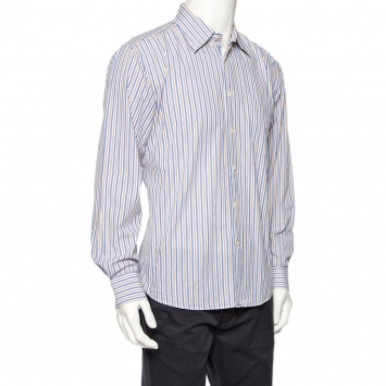 Gray Balmain White Striped Cotton Button Front Shirt L