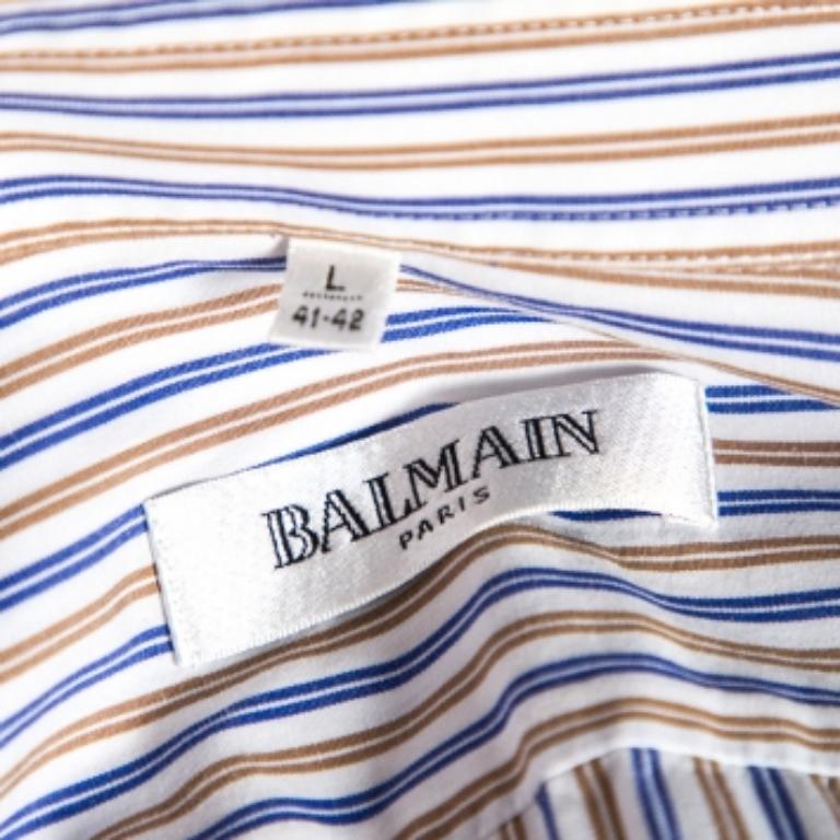 Men's Balmain White Striped Cotton Button Front Shirt L