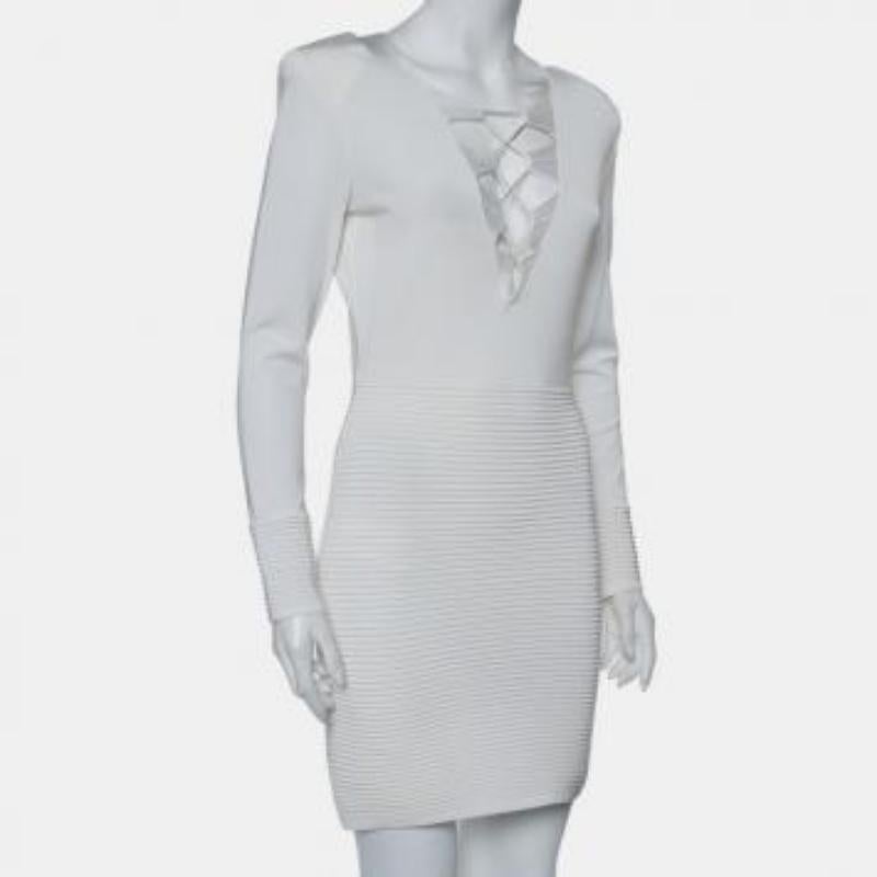 Balmain White Textured Knit Lace Up Tie Detail Mini Dress M For Sale 5