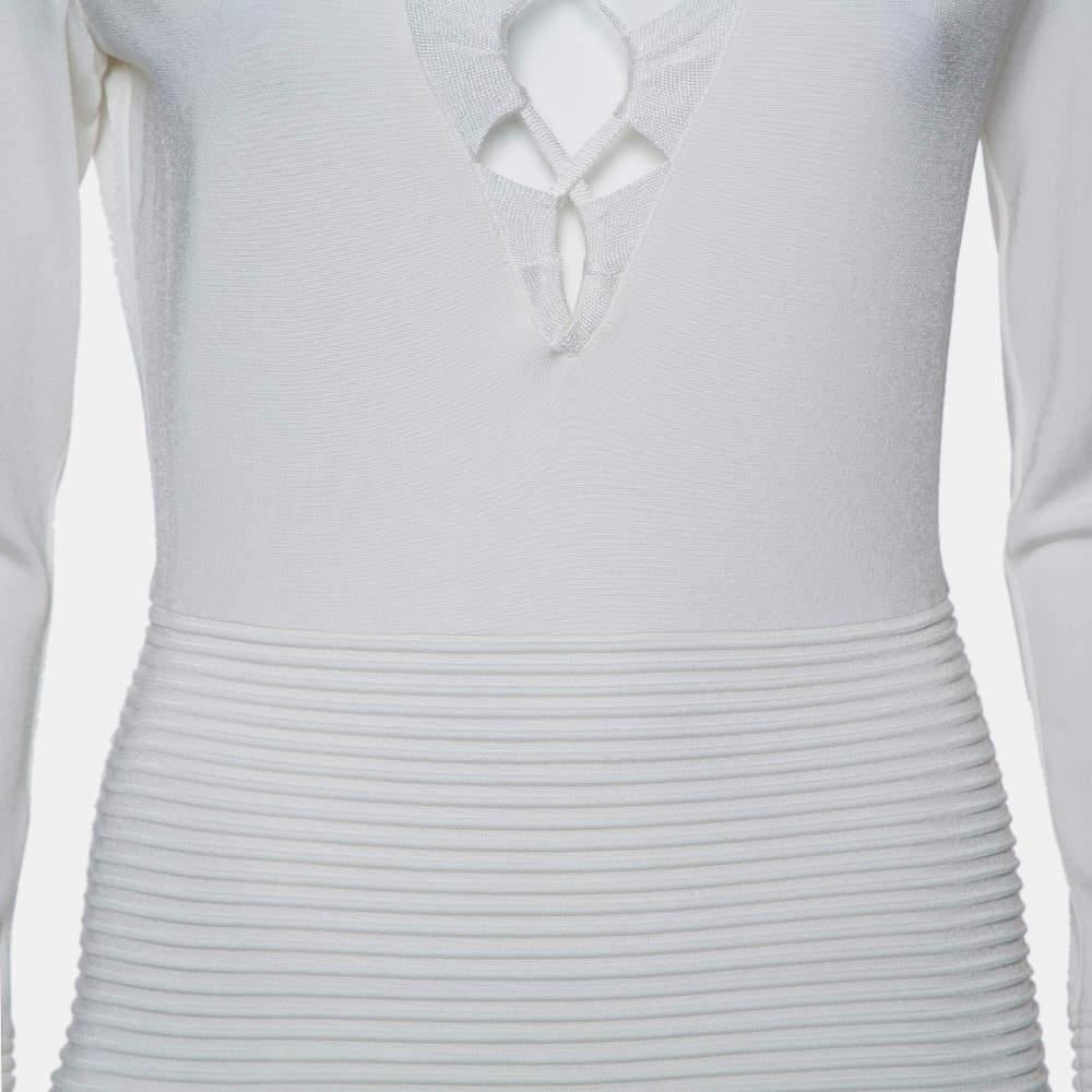Gray Balmain White Textured Knit Lace Up Tie Detail Mini Dress M