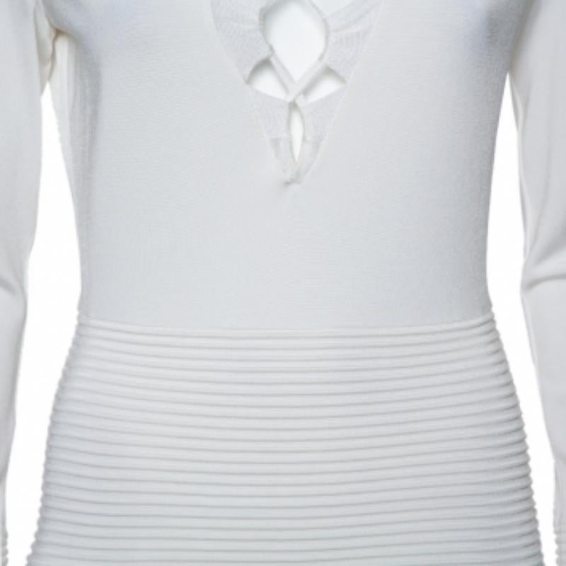 Women's Balmain White Textured Knit Lace Up Tie Detail Mini Dress M For Sale