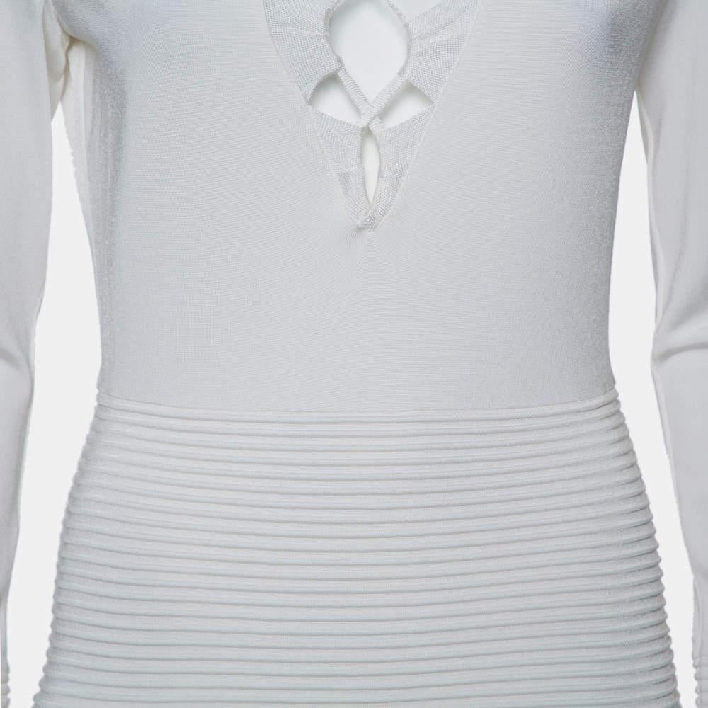 Balmain White Textured Knit Lace Up Tie Detail Mini Dress M In Good Condition For Sale In Dubai, Al Qouz 2