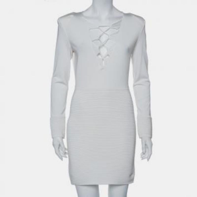 Balmain White Textured Knit Lace Up Tie Detail Mini Dress M For Sale 3
