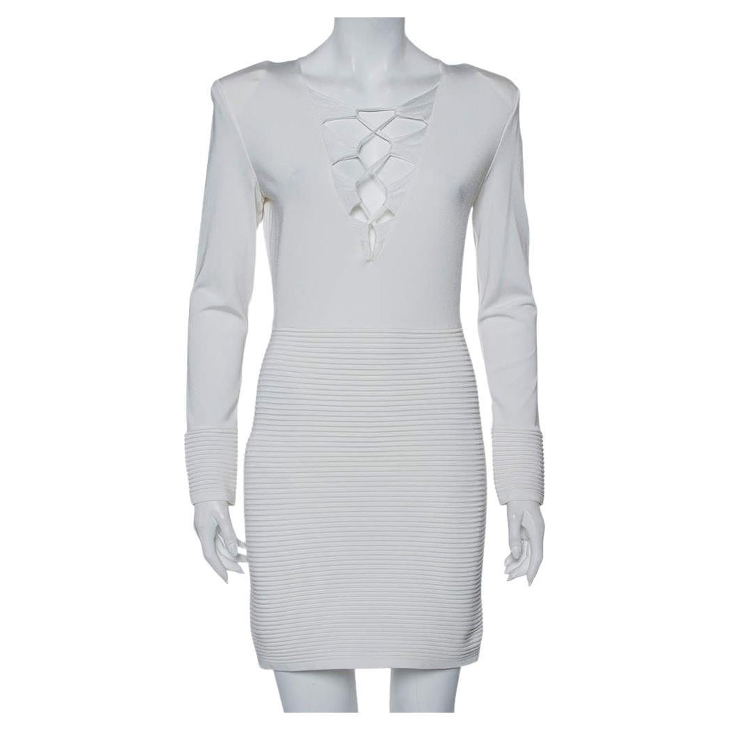 Balmain White Textured Knit Lace Up Tie Detail Mini Dress M For Sale