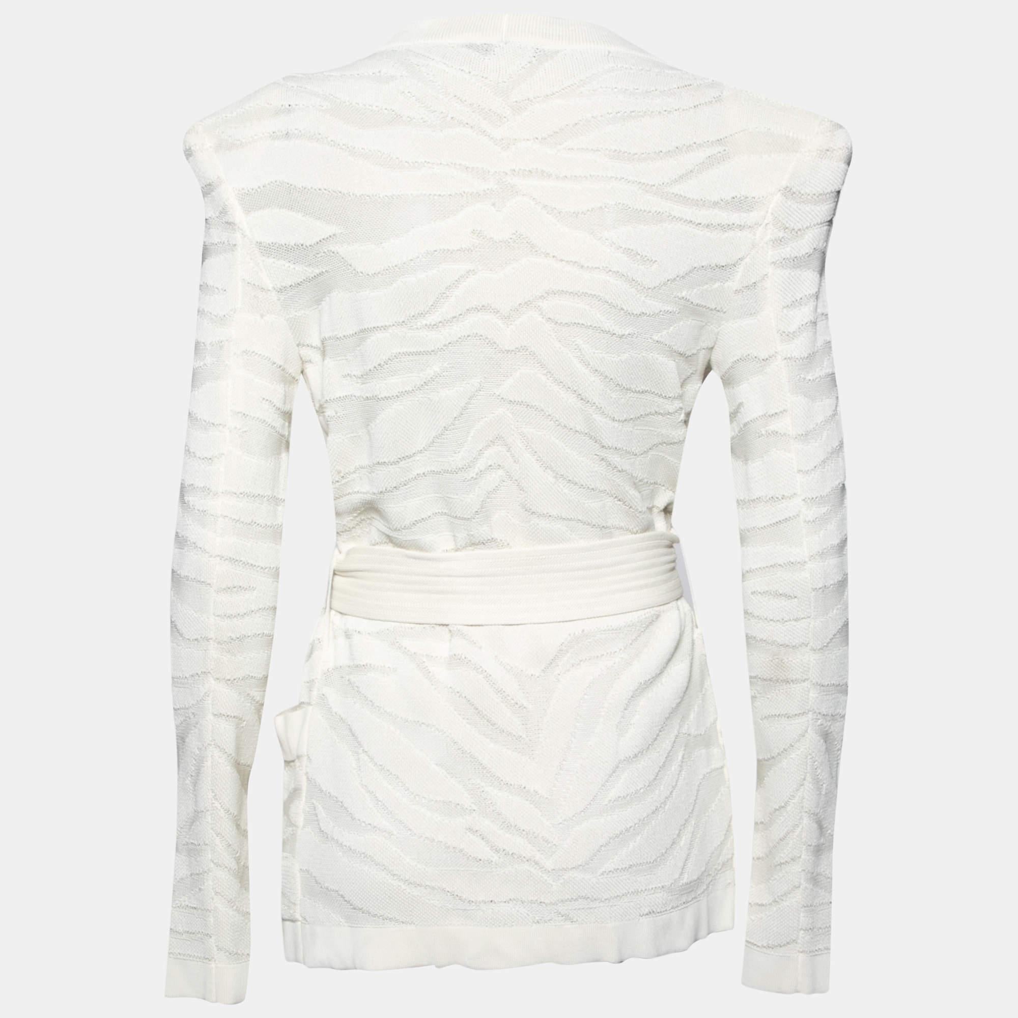 Balmain Weiße Zebra-Wickeljacke aus strukturiertem Strick mit Gürtel und Gürtel M (Grau) im Angebot