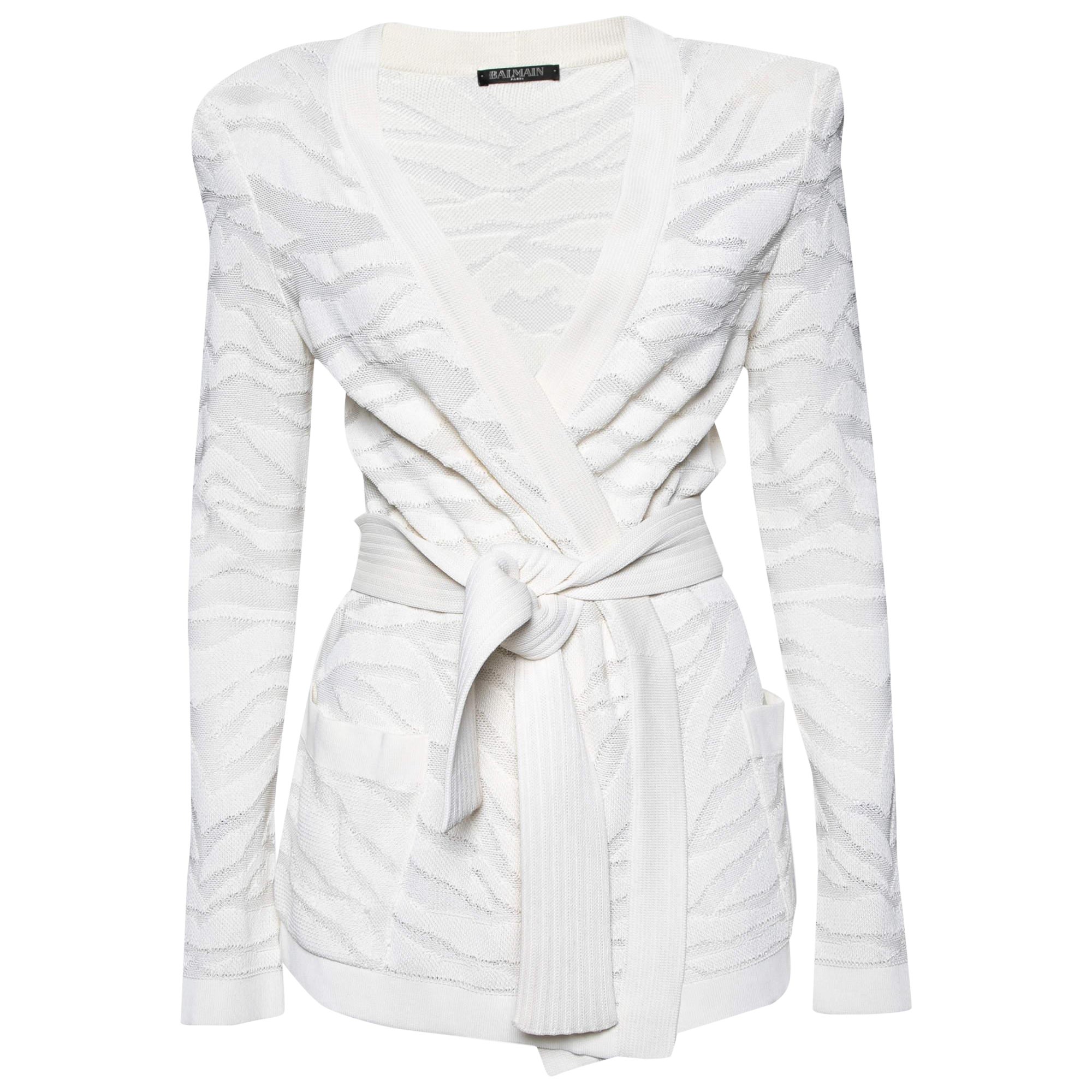 Balmain White Zebra Textured Knit Belted Wrap Cardigan M