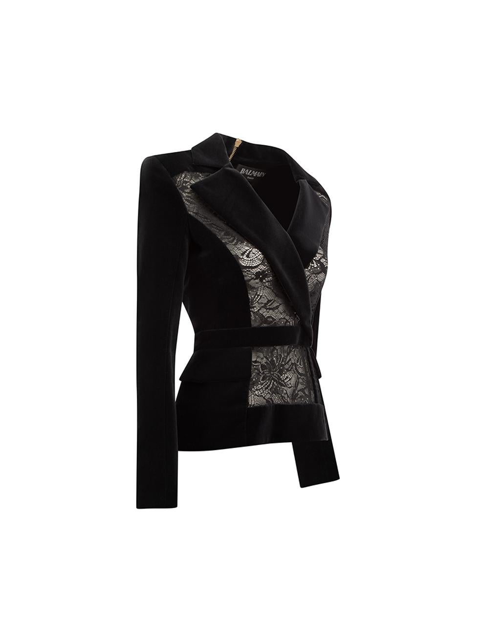 CONDITION is Very good. Hardly any visible wear to top is evident on this used Balmain designer resale item.   Details  Black Velvet Blazer like top V neckline Long sleeves with snap buttoned cuffs Lace panel Back zip closure Front side pockets with
