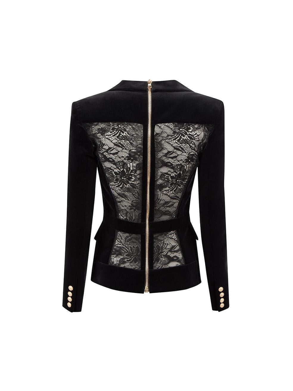 Balmain Women's Black Lace Panel Velvet Blazer Top In Excellent Condition In London, GB