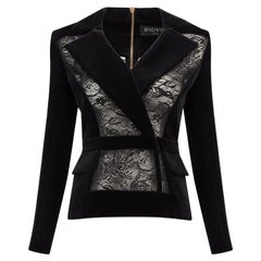 Balmain Women's Black Lace Panel Velvet Blazer Top