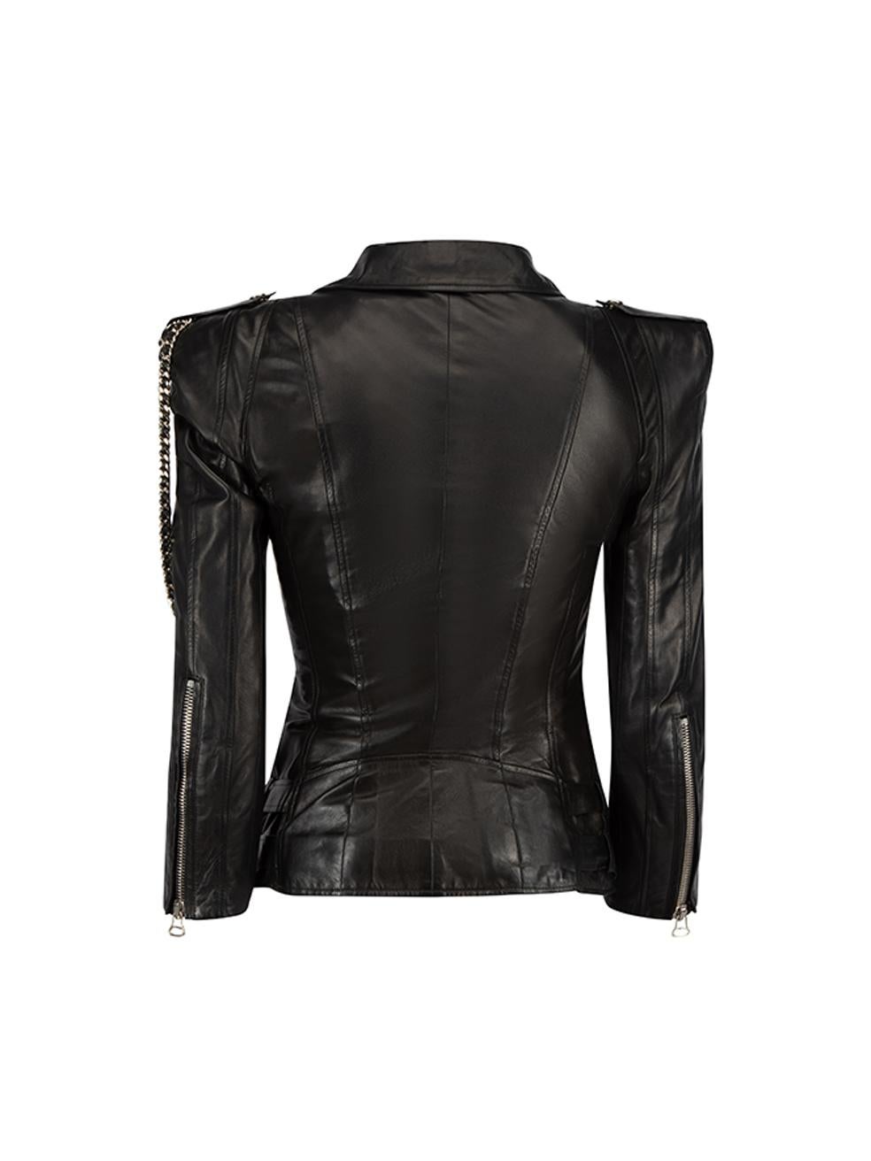 Balmain Women's Black Leather Chain Accent Biker Jacket In Good Condition In London, GB