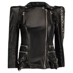 Balmain Women's Black Leather Chain Accent Biker Jacket