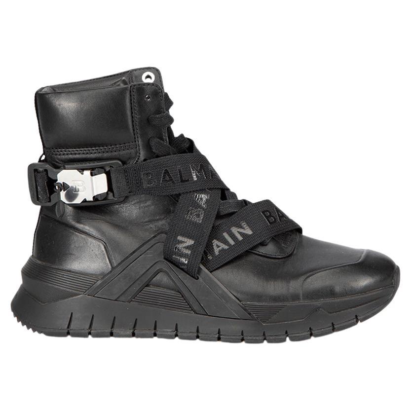 Balmain Women's Black Leather Logo Strap Combat Boots