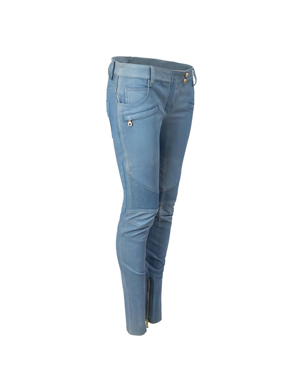 CONDITION is Good. Minor wear to trousers is evident. Light wear to right-side below the waist with dark mark and white scuffs to the rear right leg on this used Balmain designer resale item. 



Details


Blue

Leather

Biker skinny trousers

Mid