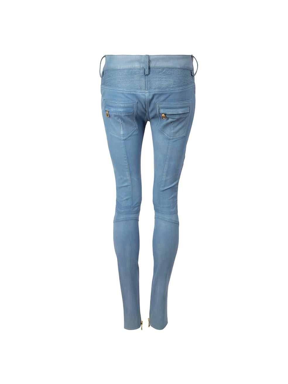 Balmain Women's Blue Leather Biker Skinny Trousers In Good Condition For Sale In London, GB
