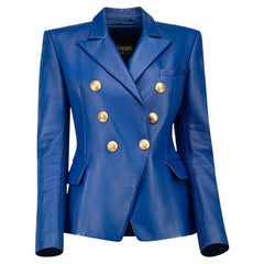 Zweireihiger Balmain Damen-Blazer aus blauem Leder