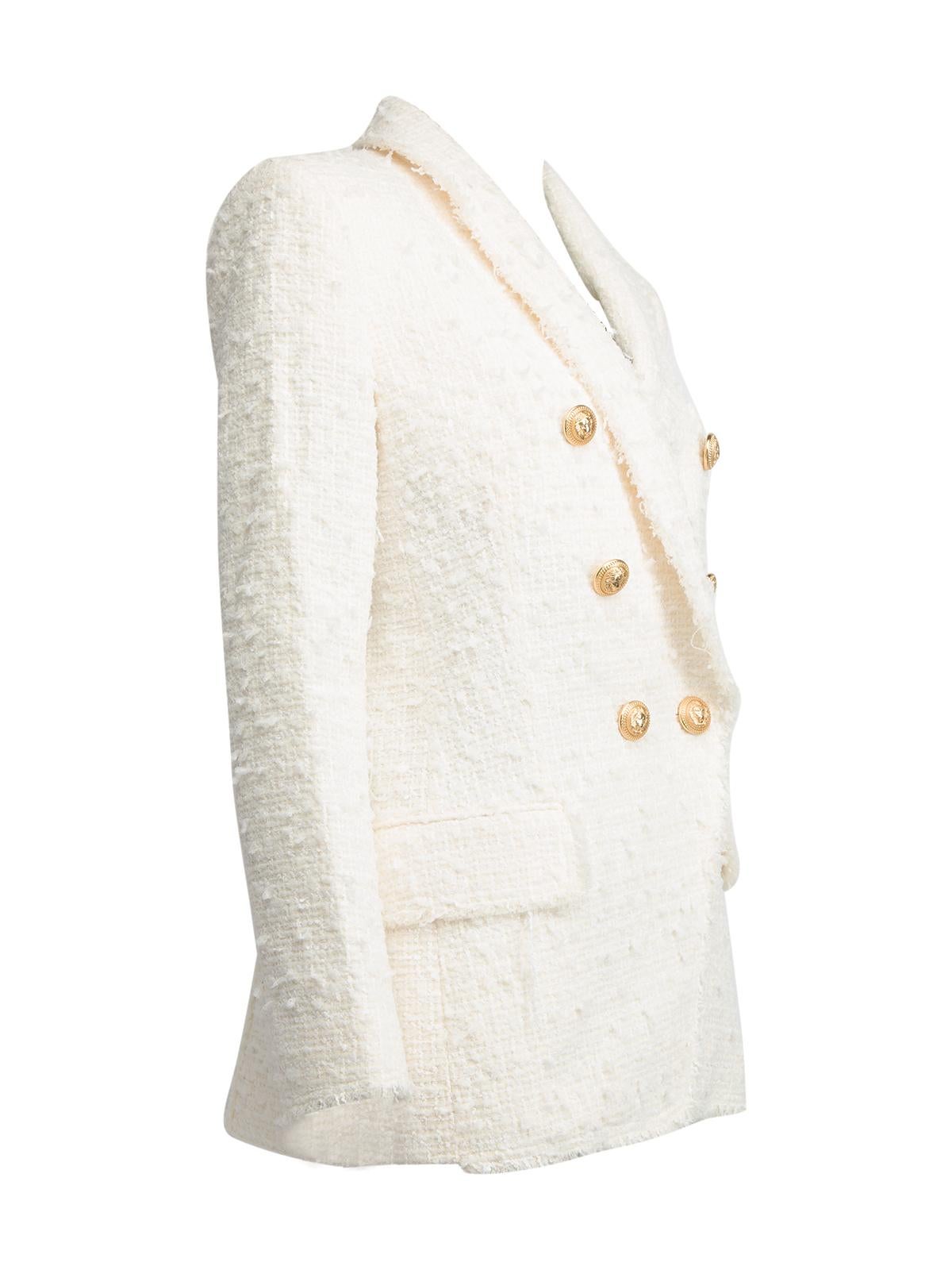 CONDITION is Never worn, with tags. No visible wear to blazer is evident on this new Balmain designer resale item. Details White Tweed Gold tone buttons 2 hip pockets 1 x breast pocket Double breasted Long sleeves V Neckline Made in Poland