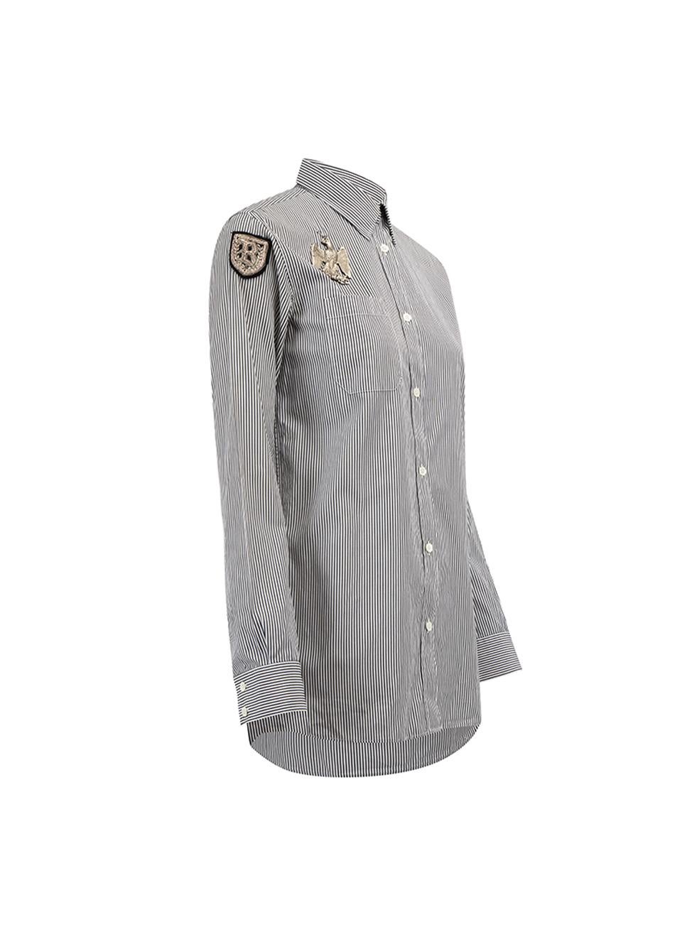 CONDITION is Very good. Minimal wear to the shirt is evident. Minimal wear to the B patch and the eagle brooch on this used Balmain designer resale item.   Details  Grey Cotton Long sleeves shirt Striped Buttoned cuffs Front button up closure B