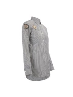 Balmain Women's Grey Eagle Brooch Striped Button Up Shirt