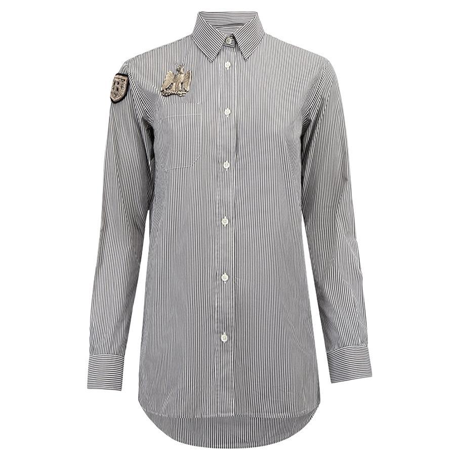 Balmain Women's Grey Eagle Brooch Striped Button Up Shirt