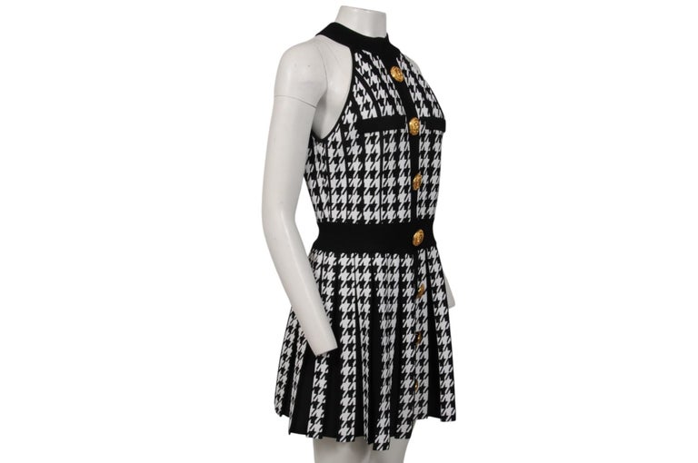 Balmain Womens Mini Dress Sleeveless Halter Top Houndstooth Siz FR 46 Gold  Black For Sale at 1stDibs