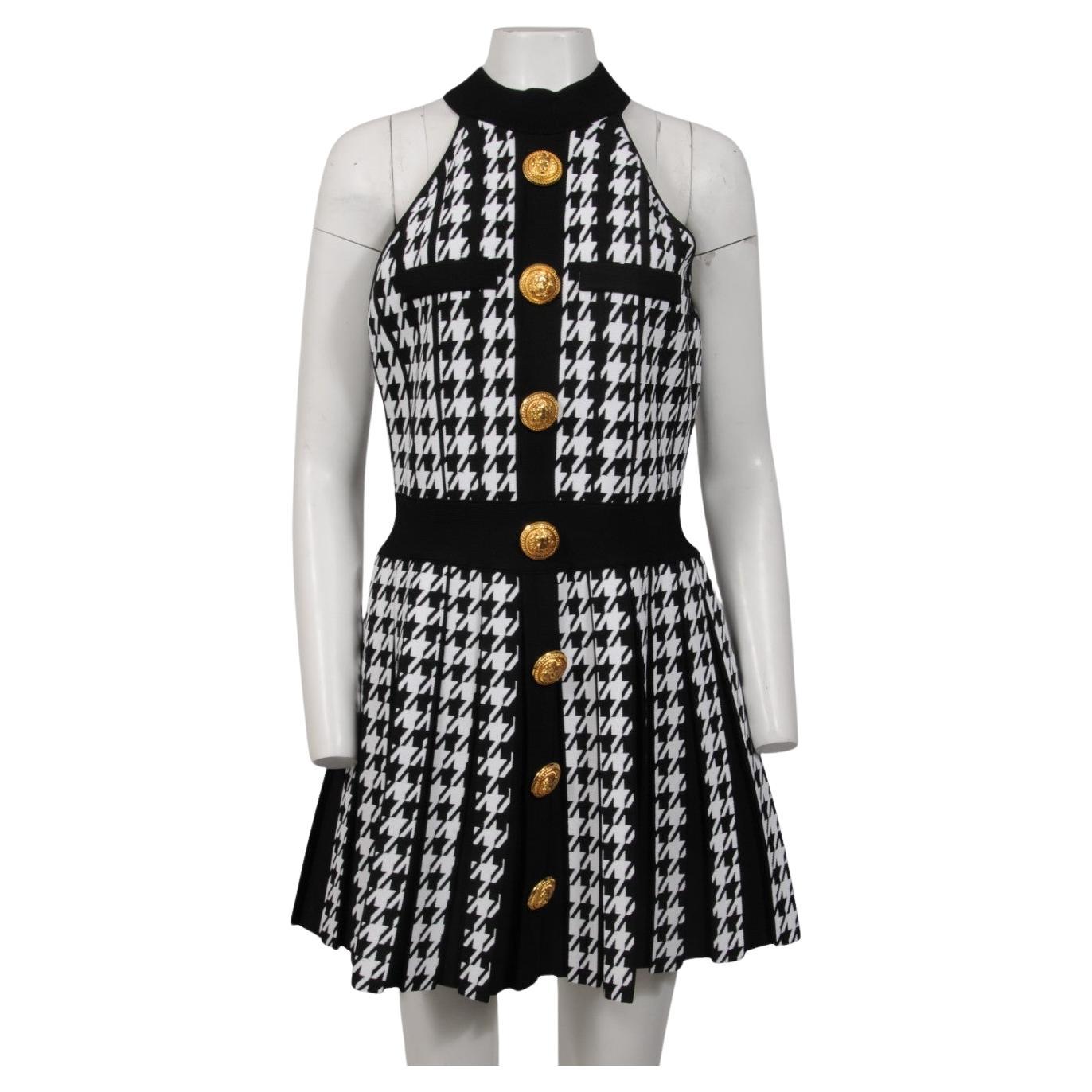 Balmain Womens Mini Dress Sleeveless Halter Top Houndstooth Siz FR 46 Gold Schwarz