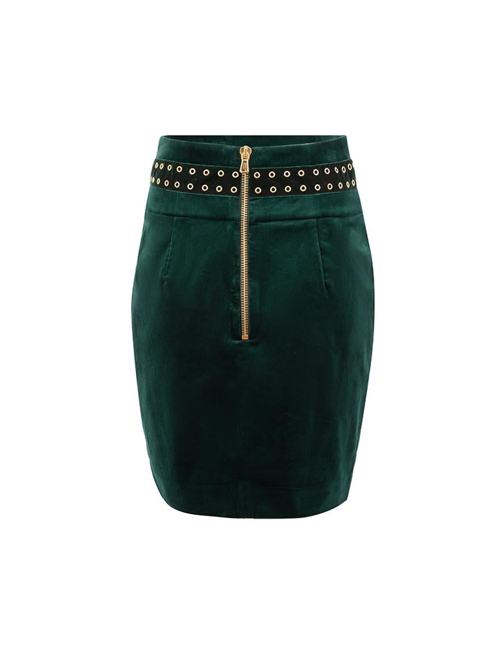 Balmain Women's Pierre Balmain Green Velvet Eyelet Accent Mini Skirt In Good Condition In London, GB
