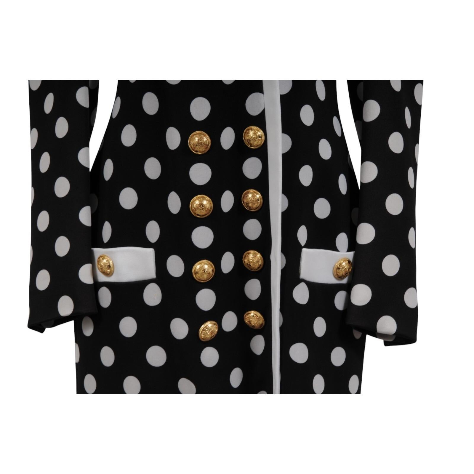 Balmain Damen Polka Dot Minikleid FR 42 Schwarz Weiß Gold Knopf Doppelbrust im Angebot 1