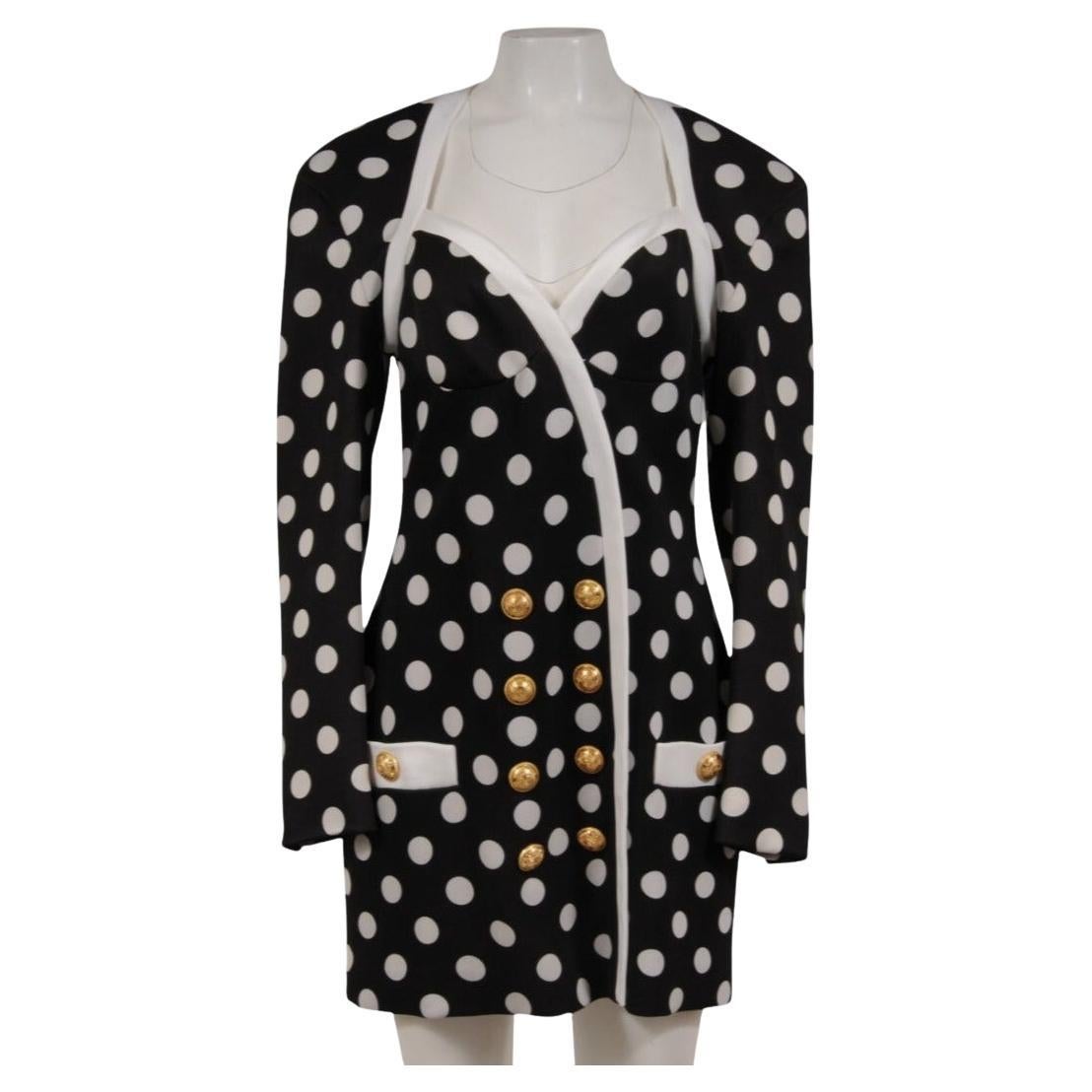 Balmain Damen Polka Dot Minikleid FR 42 Schwarz Weiß Gold Knopf Doppelbrust im Angebot