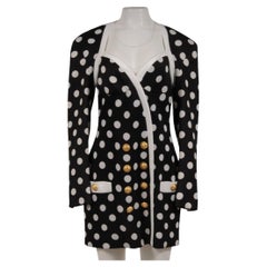 Balmain Womens Polka Dot Mini Dress FR 42 Black White Gold Button Double Breast