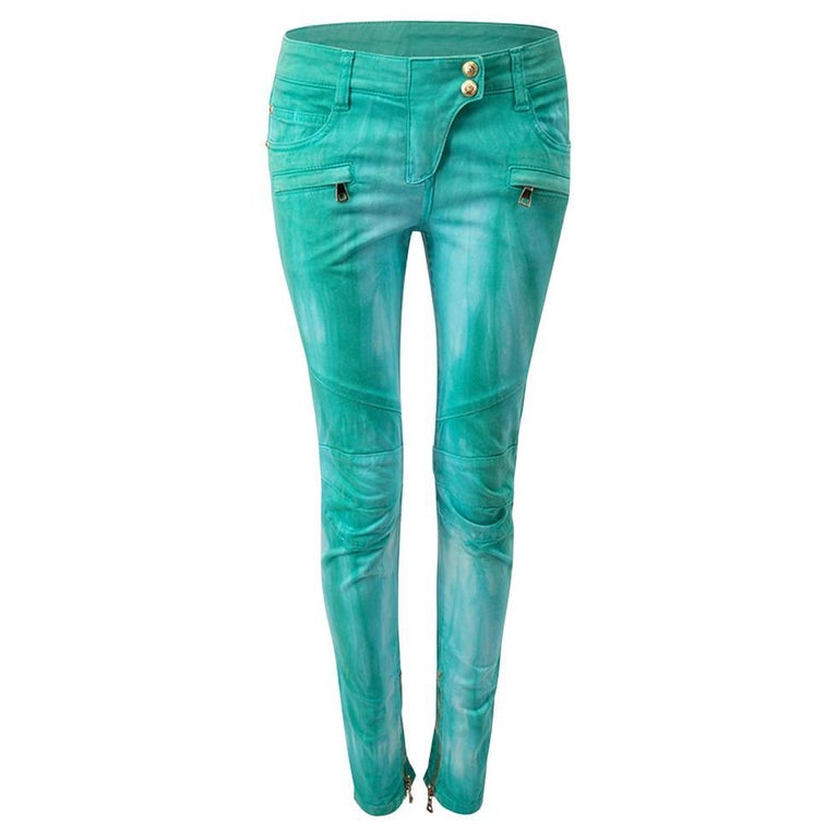 Balmain Women's Turquoise Tie Dye Biker Skinny Jeans For Sale at 1stDibs