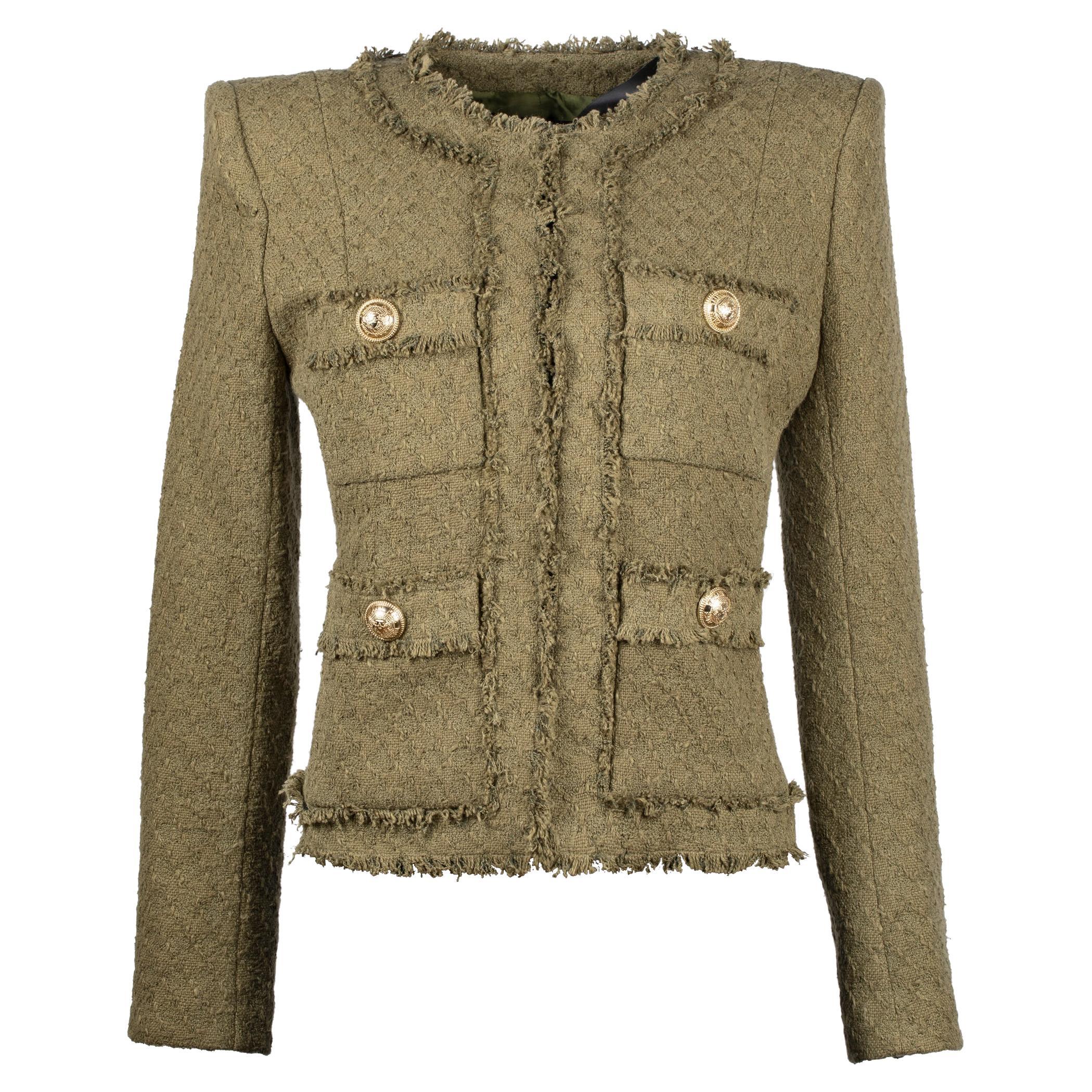 Balmain Womens Tweed Four Button Blazer Khaki 38 FR For Sale at 1stDibs