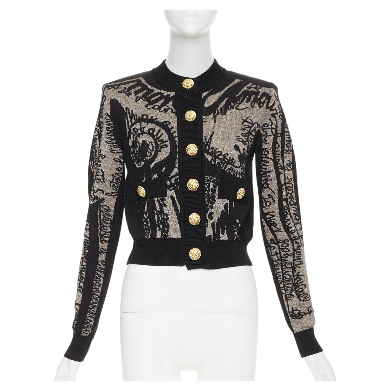 Pre-owned Balmain Wool Blend Metallic Scribble Graphic Jacquard Gold Buttons Cardigan Xs In Gray
