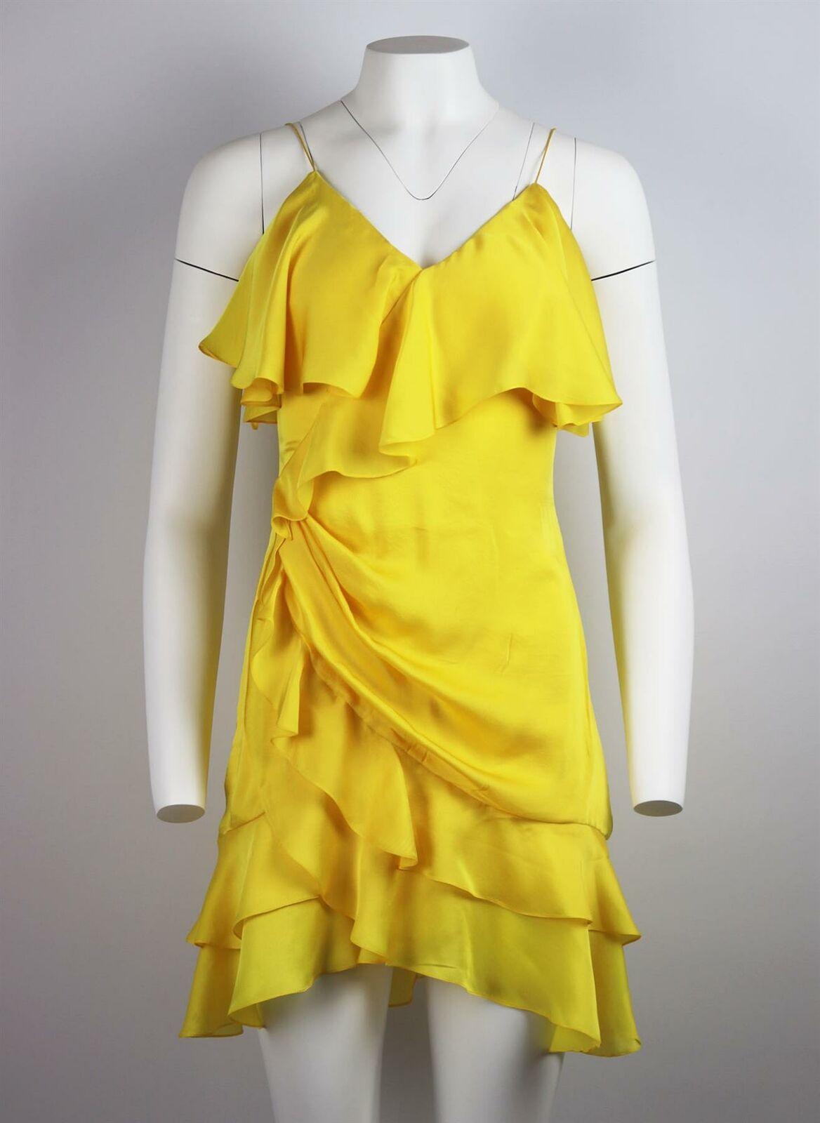 Under the helm of Olivier Rousteing, heritage It-brand Balmain has been reinvented for the A-listers, spaghetti straps, wrap front with draped ruffle trim, ruffled hem, exposed back zip closure, mini-length.
Yellow silk-charmeuse.
Concealed zip