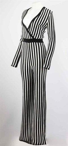 Balmain Wrap Effect Striped Stretch Knit Jumpsuit FR 40 UK 12