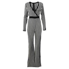 Balmain Wrap Effect Striped Stretch Knit Jumpsuit FR 40 UK 12