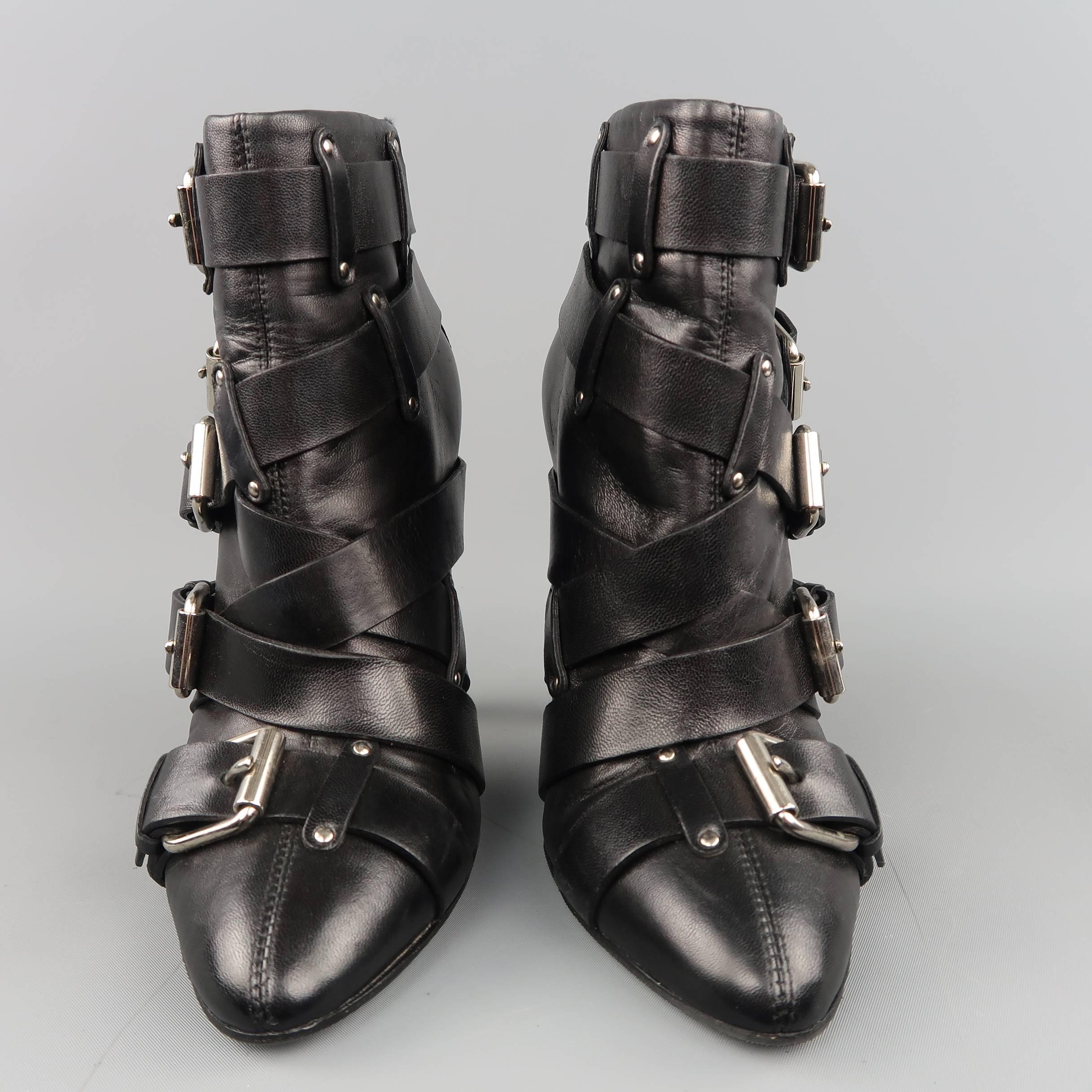 Women's BALMAIN x GIUSEPPE ZANOTTI Size 8 Black Leather Belt Buckle Ankle Boots
