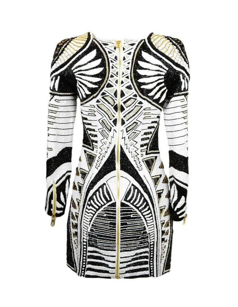 Balmain x H&M Black/White Beaded Longsleeve Mini Dress sz 8 at 1stDibs |  balmain beaded dress, balmain hm dress, balmain x h&m dress