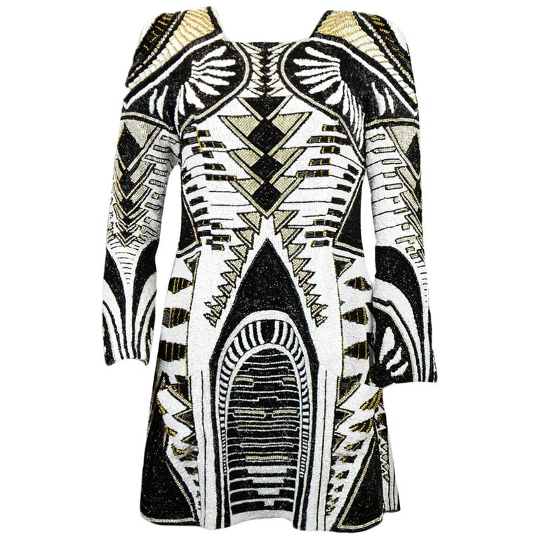 Devise konstruktion Addiction Balmain x H&M Black/White Beaded Longsleeve Mini Dress sz 8 at 1stDibs