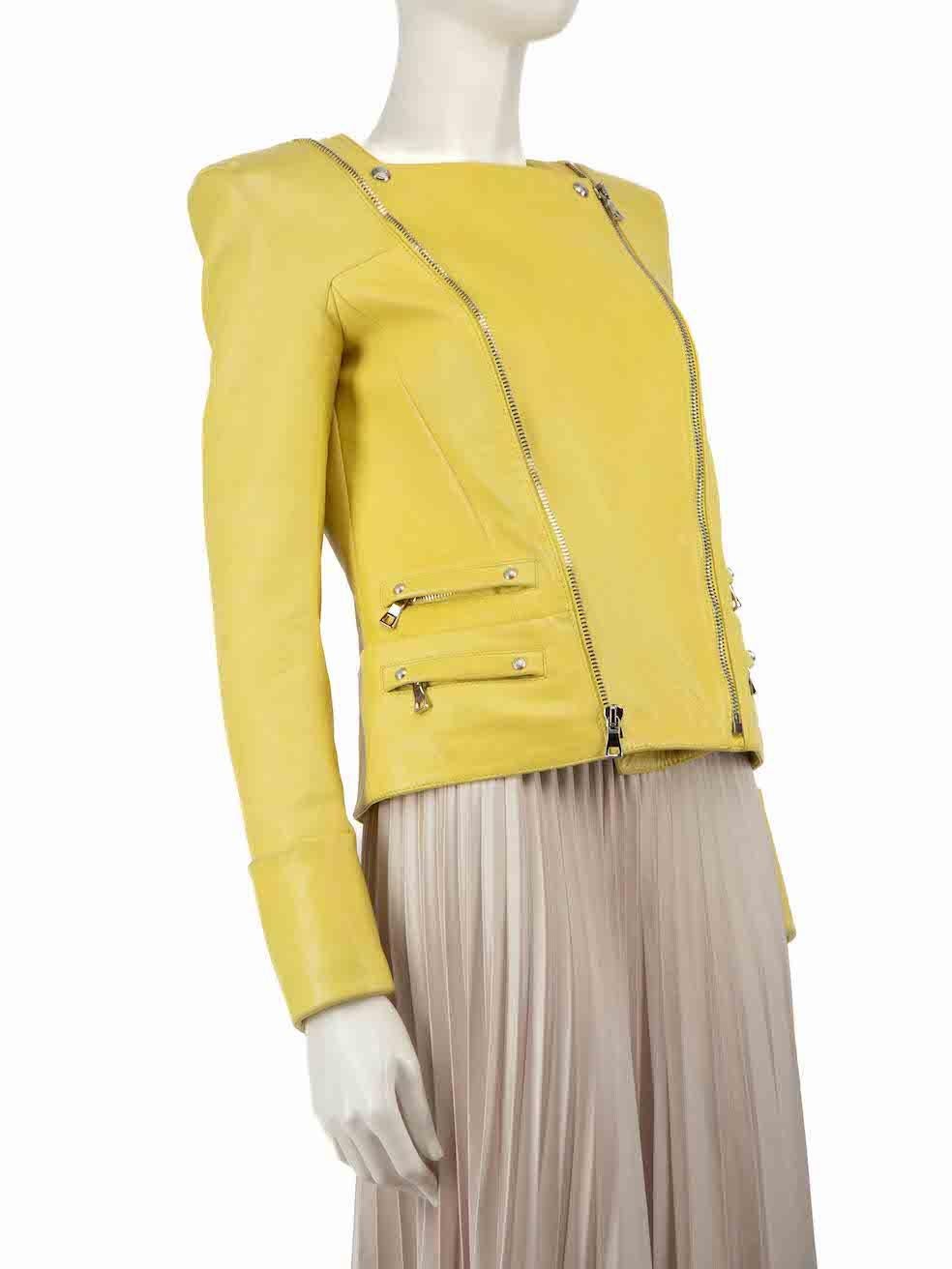 CONDITION is Very Good. Minimal wear to the jacket is evident. Minimal wear and discolouration around the neck, shoulder seams and the sleeve cuffs on this used Balmain designer resale item.
 
 
 
 Details
 
 
 Yellow
 
 Leather
 
 Biked jacket
 
