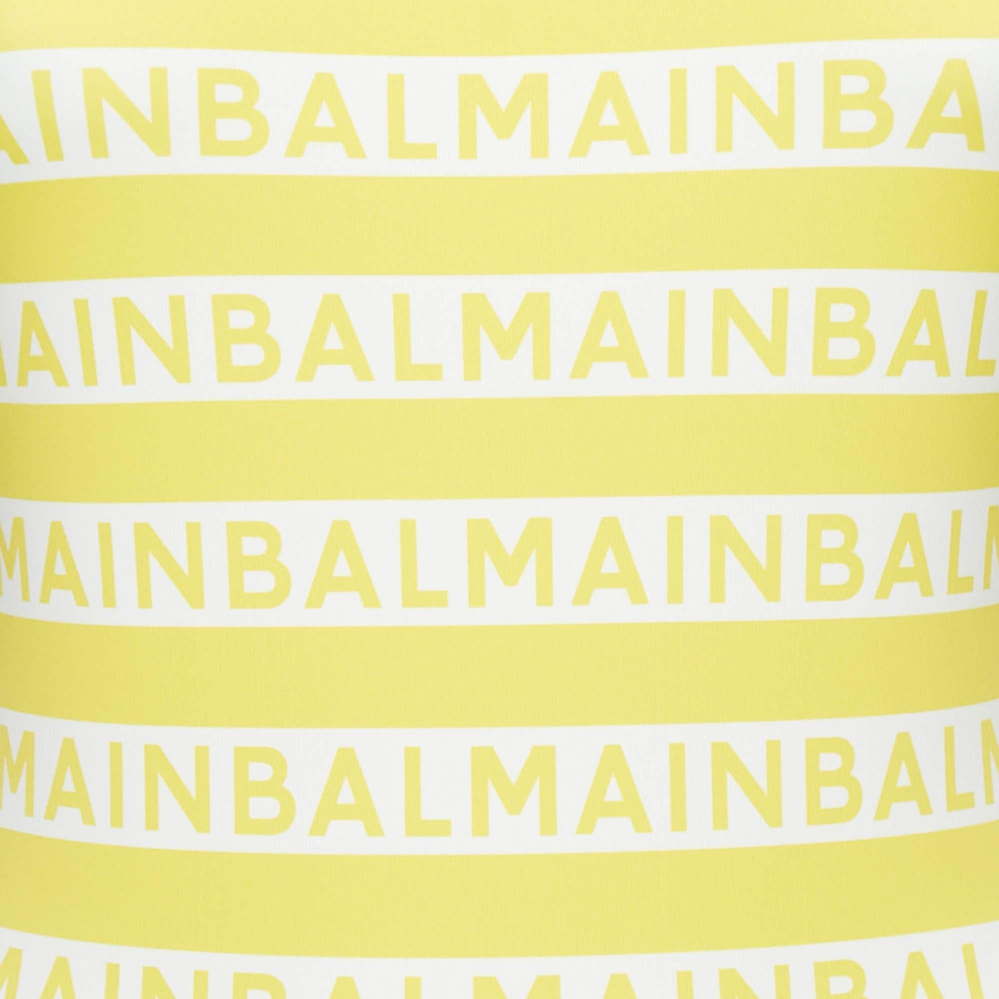 Balmain Yellow Logo Print Striped Nylon Swimsuit M In Excellent Condition In Dubai, Al Qouz 2