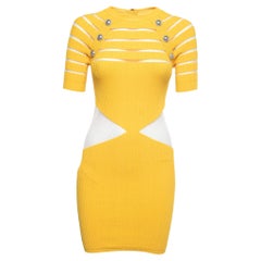Balmain Yellow Rib Knit & Mesh Inset Short Sleeve Bodycon Dress S