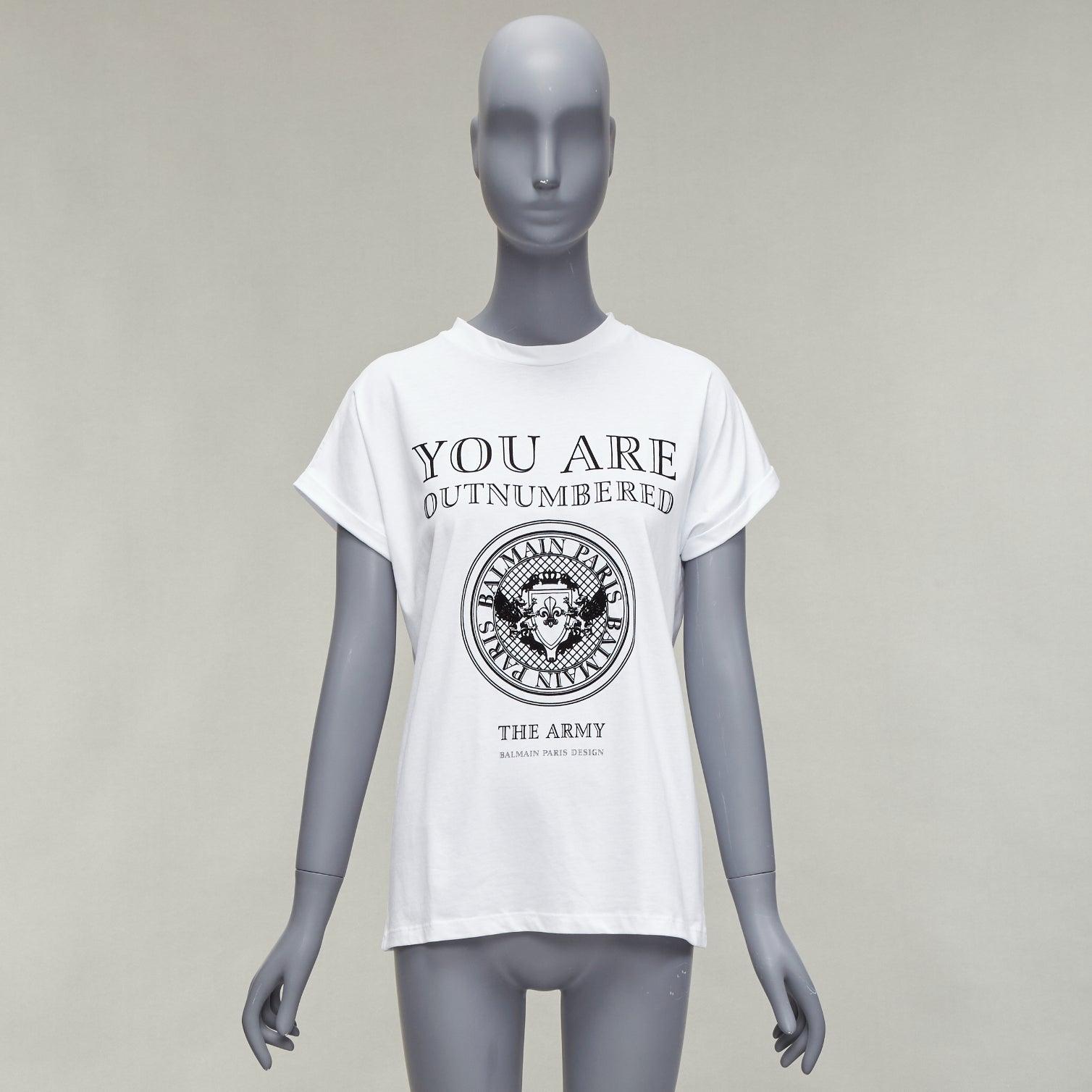 BALMAIN You Are Outnumbered Army - T-shirt blanc imprimé velours FR36 XS en vente 5