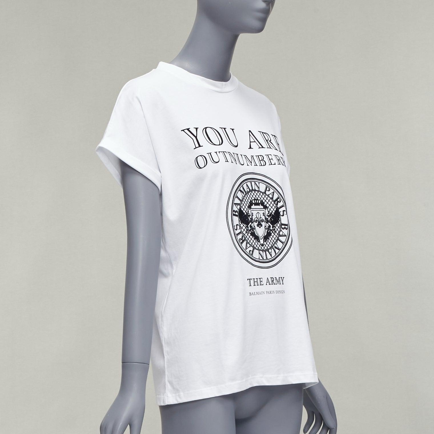 BALMAIN You Are Outnumbered Army velvet print white tshirt FR36 XS In Good Condition For Sale In Hong Kong, NT