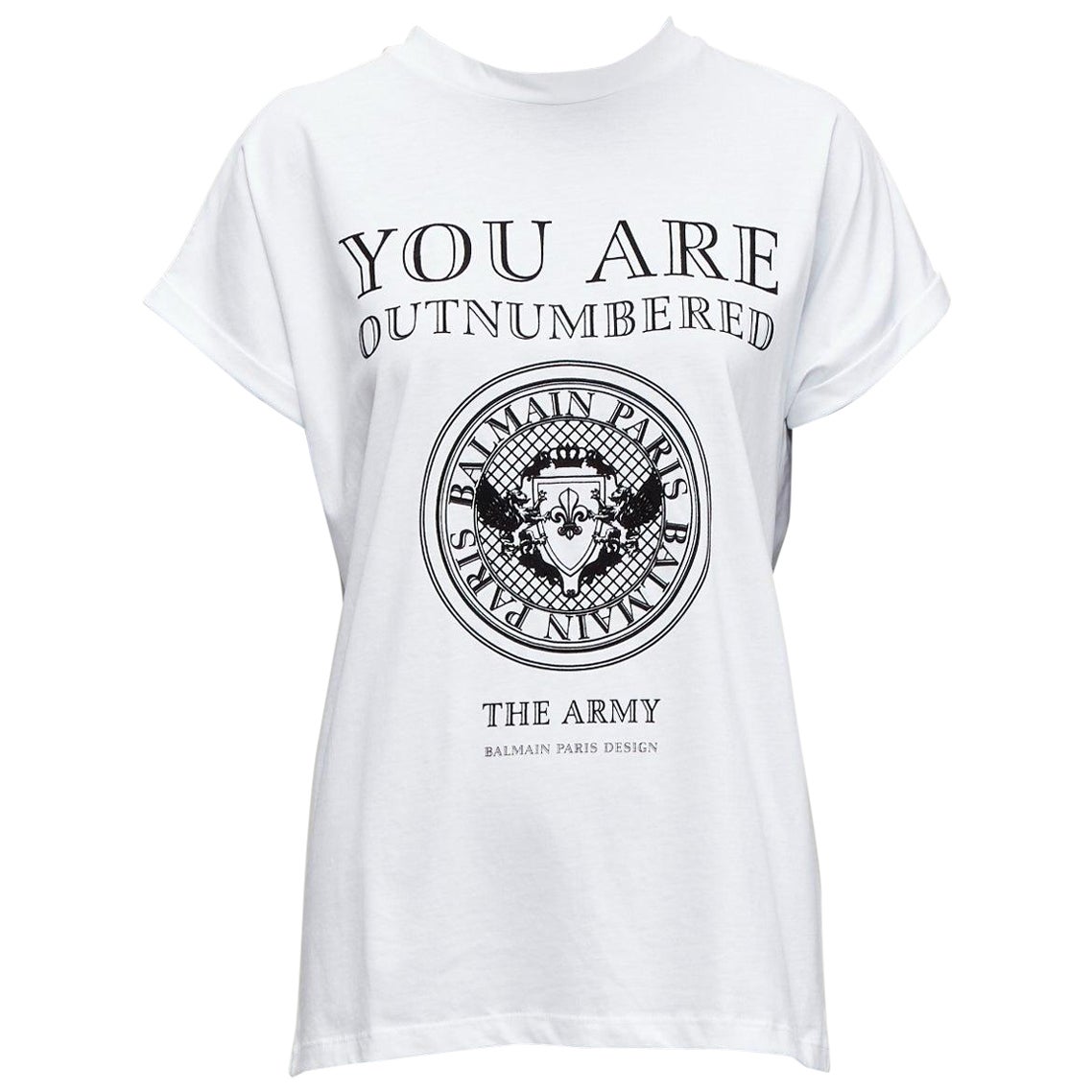 BALMAIN You Are Outnumbered Army - T-shirt blanc imprimé velours FR36 XS en vente