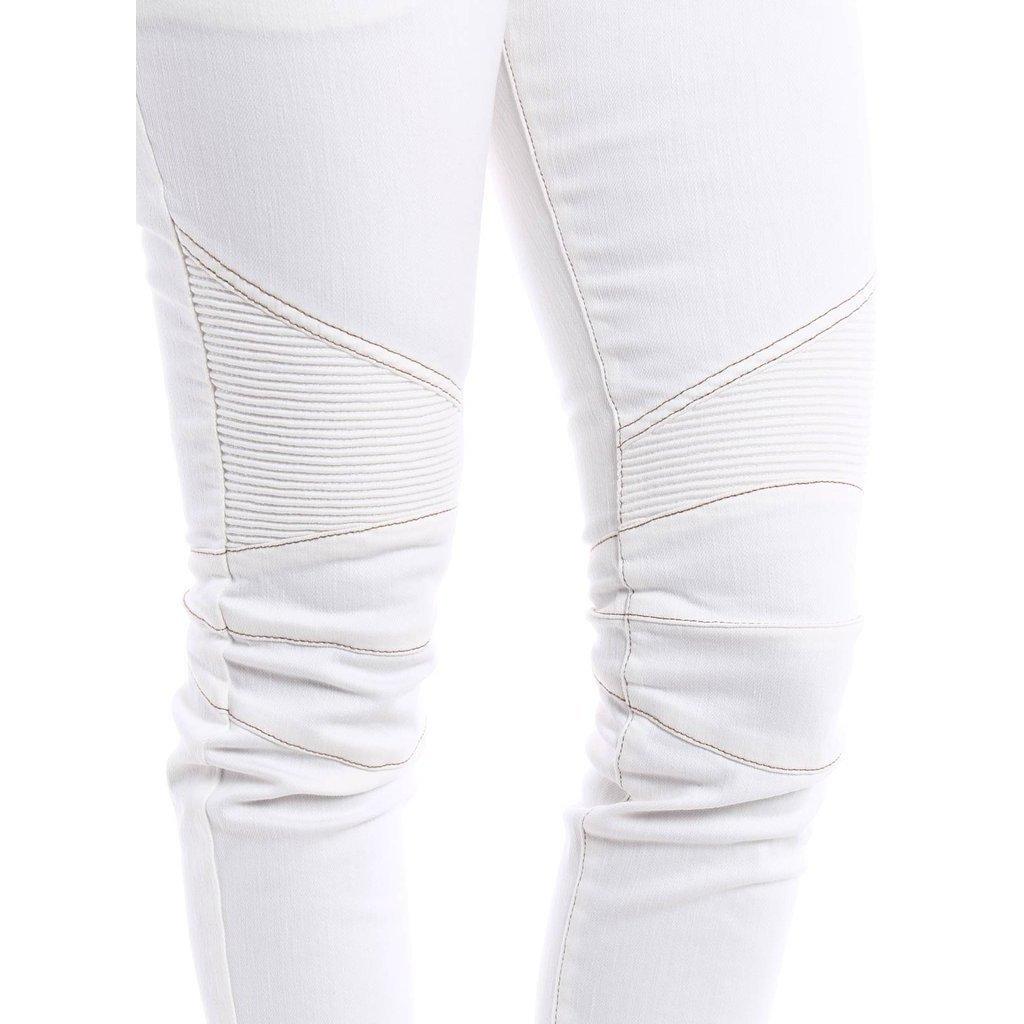 Balmain white biker jeans. Belt loops, golden tone buttons and zipped fastening on front panel. Multipockets, zipped pockets and zipped details on ankles. Biker stitching embellishment, slim fit.Composition: 93% cotton, 7% polyurethane Model: