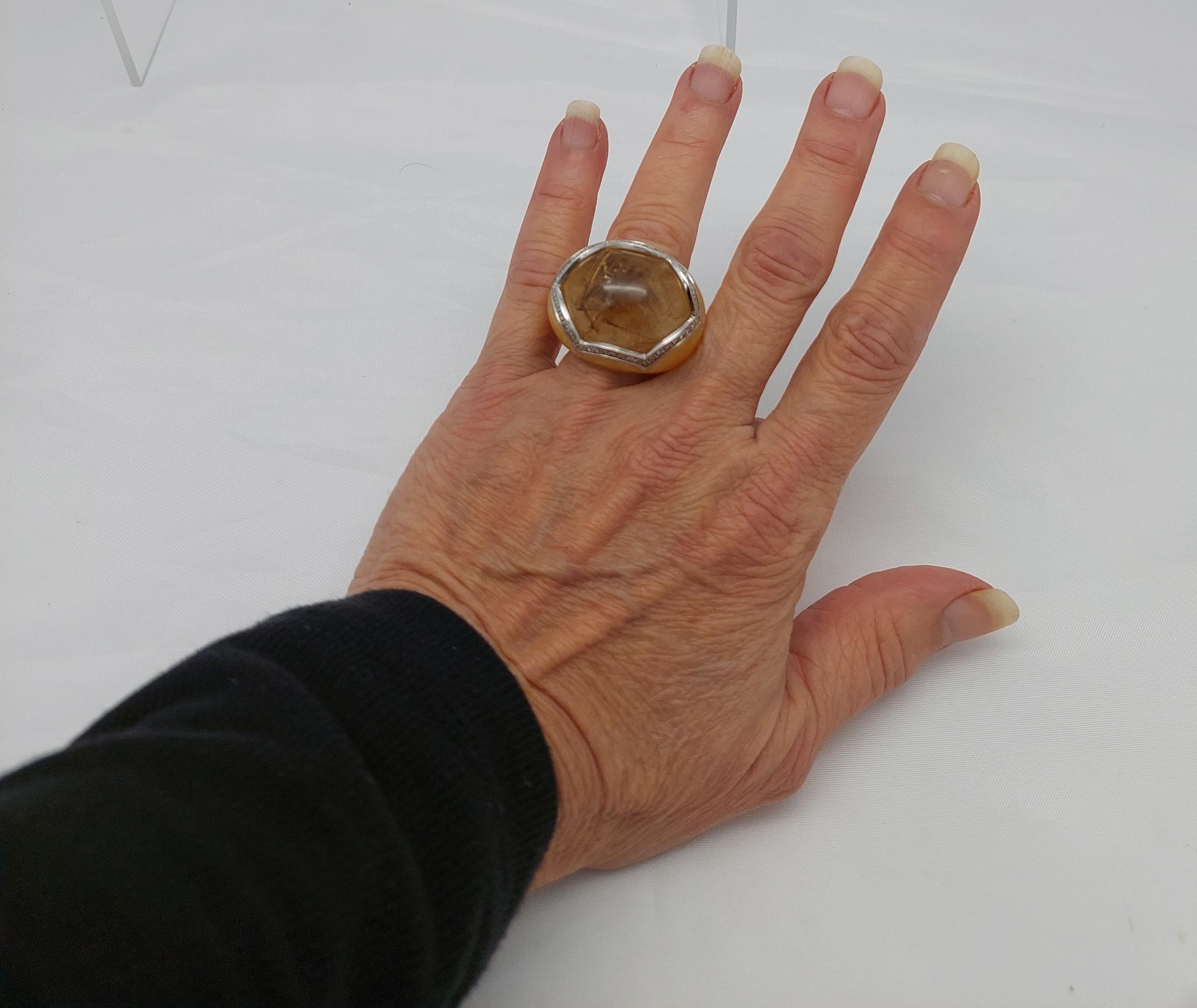 Cabochon Balocchi Preiosi Aragonite & Rutilated Quartz with Diamond 18KT Ring in vendita