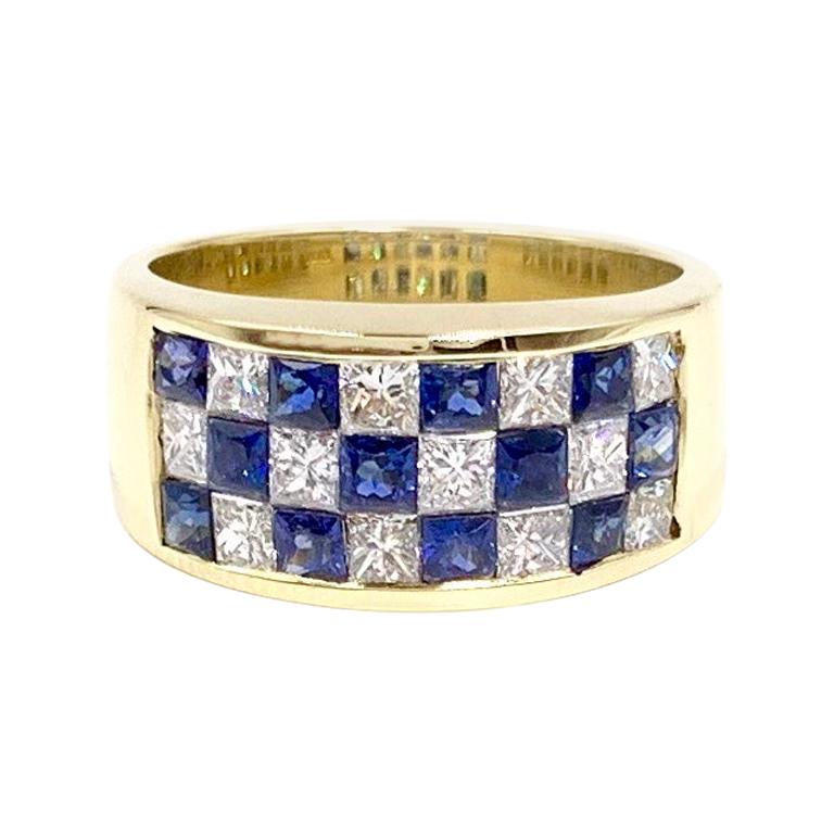 Balogh 18 Karat Diamond and Blue Sapphire Checkerboard Ring For Sale
