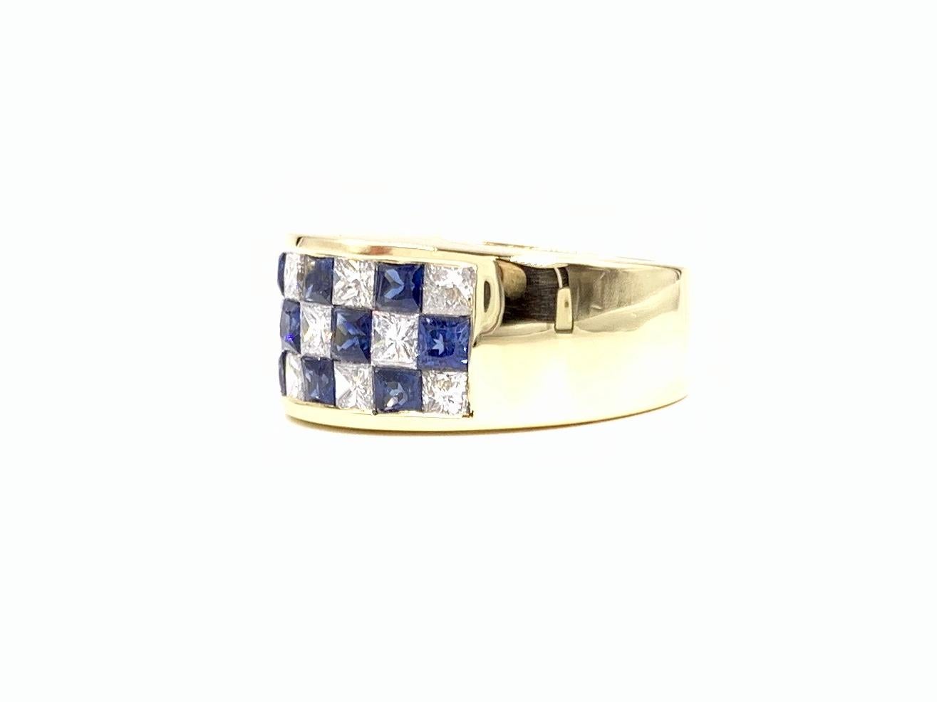 Modern Balogh 18 Karat Diamond and Blue Sapphire Checkerboard Ring For Sale