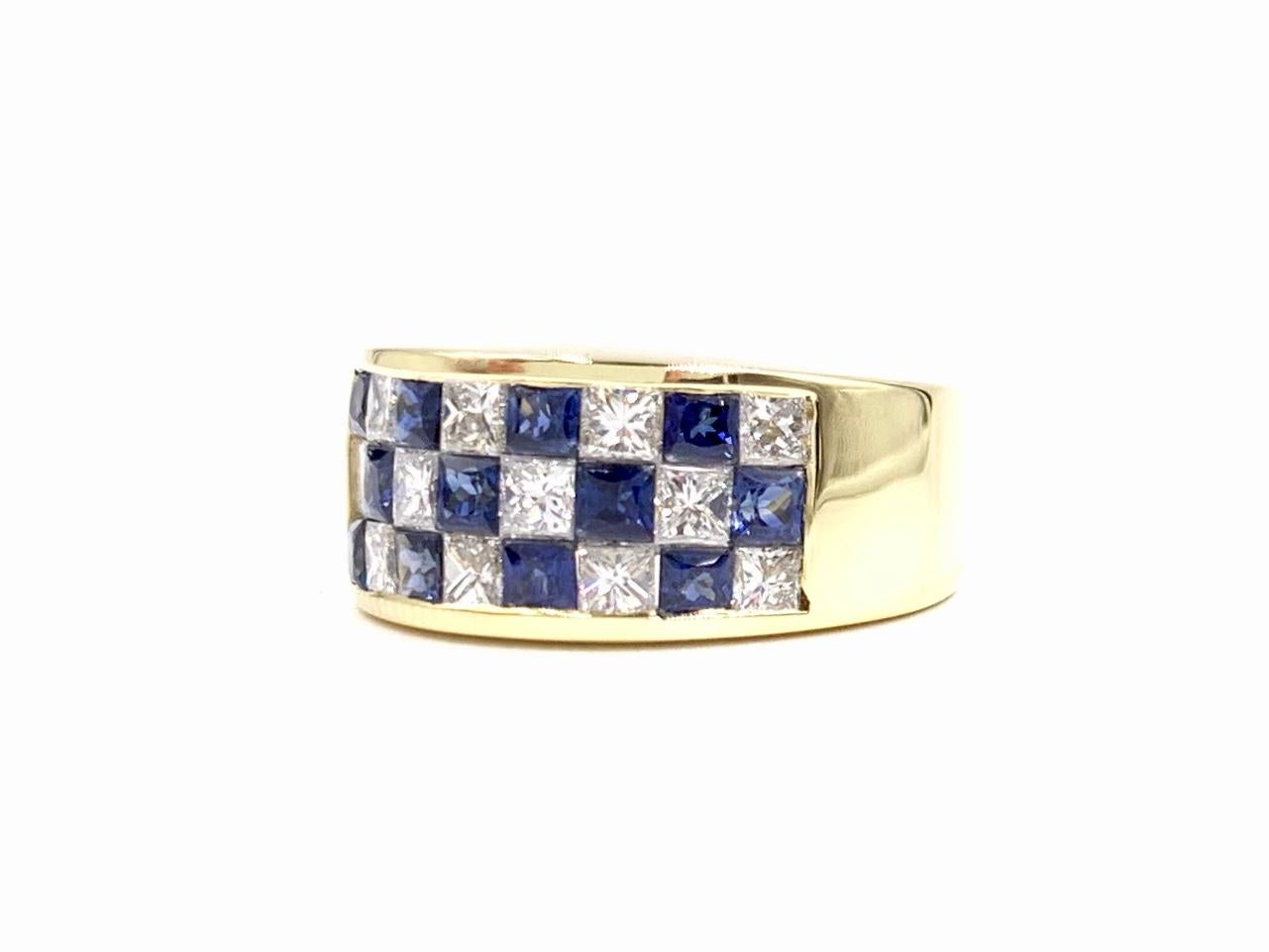 Princess Cut Balogh 18 Karat Diamond and Blue Sapphire Checkerboard Ring For Sale