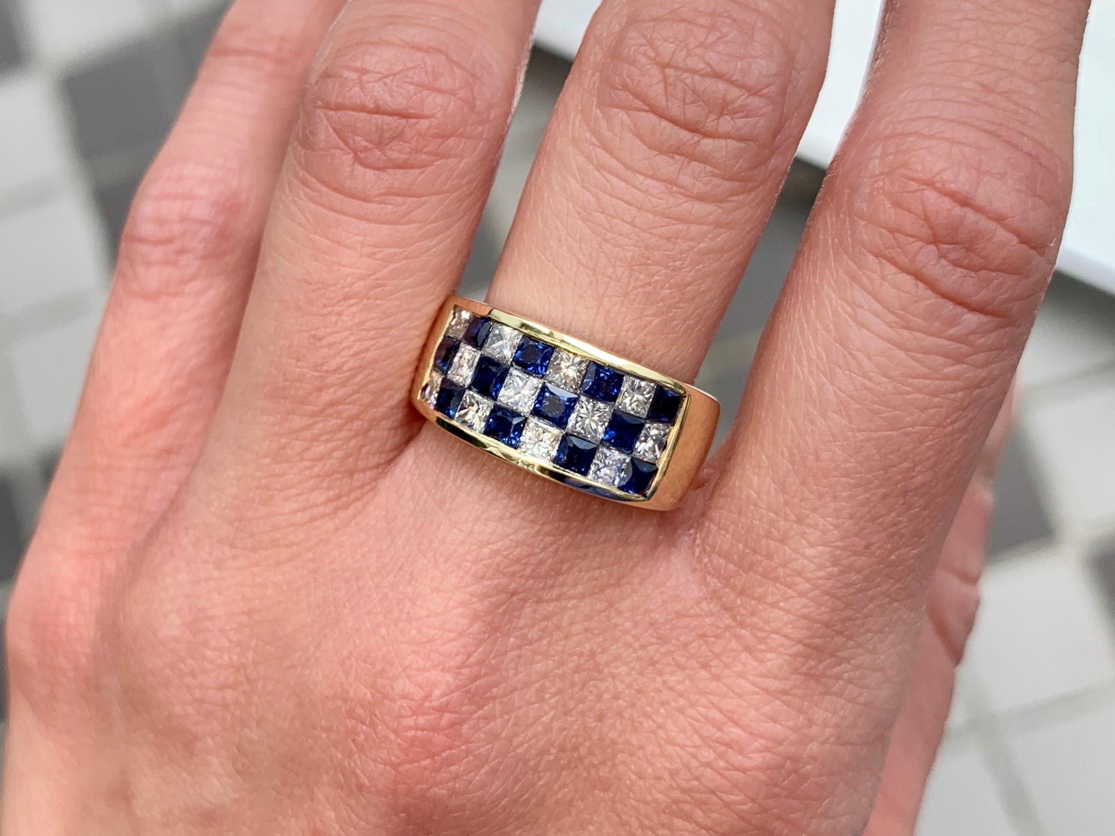 Women's Balogh 18 Karat Diamond and Blue Sapphire Checkerboard Ring For Sale